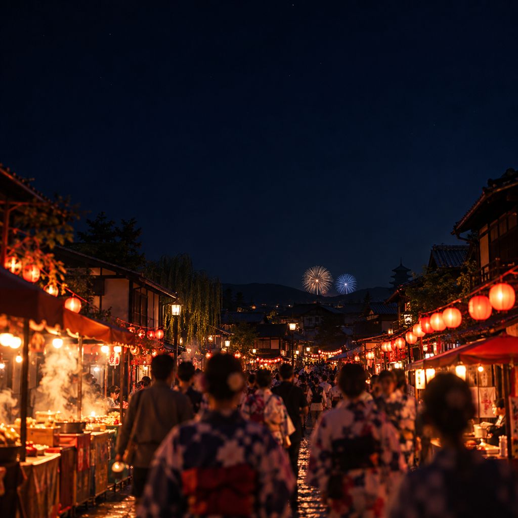 屋根の向こう、低い位置に上がる小さな花火と、提灯の連なる通り